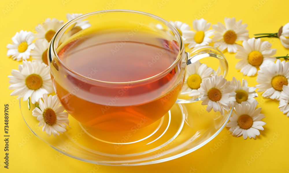 A glass cup of chamomile tea with chamomile flowers on a yellow background. A glass cup of chamomile tea with chamomile flowers on a yellow background.