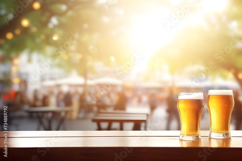 glass of beer on table with sun light