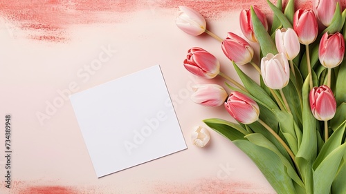 greeting card design with tulips and calendar top view  with copy space with generative ai