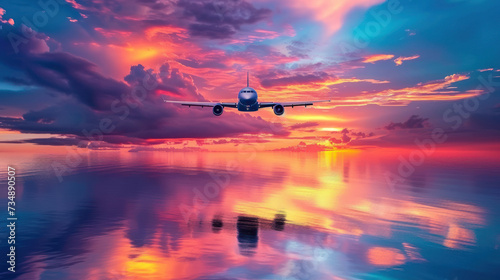 Airplane flying on tropical colorful evening sky over the sea at beautiful sunset with reflection.