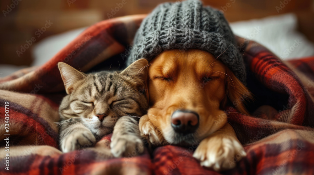 Cold at home, dog and cat are basking in a hat and under warm blanket. Dog and cat together under plaid.