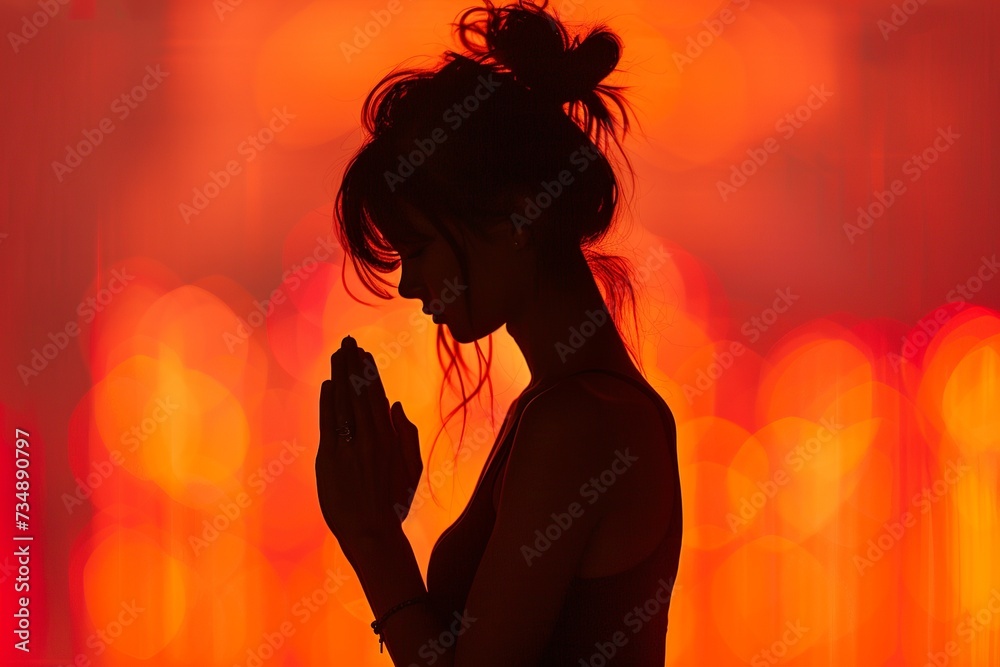 Experience a serene and spiritual moment as you witness the silhouette of a woman kneeling in prayer, captured in a realistic photo that conveys peace, faith, and contemplation. Experience a serene and spiritual moment as you witness the silhouette of a woman kneeling in prayer, captured in a realistic photo that conveys peace, faith, and contemplation.