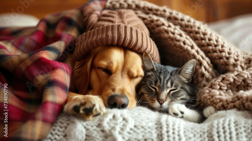 Cold at home, dog and cat are basking in a hat and under warm blanket. Dog and cat together under plaid.