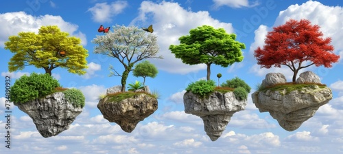 Enchanting aerial vista of surreal floating island with mystical flora and fauna