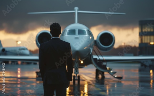 business man in front of a luxury private jet at the airport
