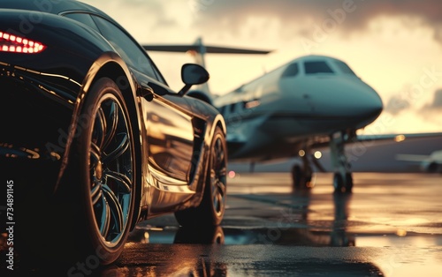 luxury supercar parket in front of a private jet at the airport photo