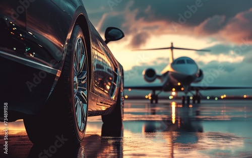 luxury supercar parket in front of a private jet at the airport © Riccardo