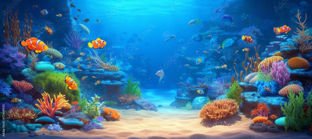 Fototapeta premium Vibrant sea creatures, iridescent jellyfish, and coral reefs in a psychedelic underwater paradise.