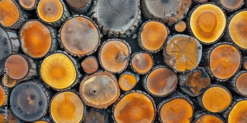 Cut Poplar Tree Logs Piled Up Closeup. Pile of freshly cut poplar logs, showcasing the natural patterns and annual rings. photo