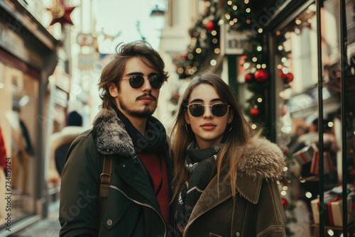 couple dress fashionably and stroll down the street shopping at Christmas
