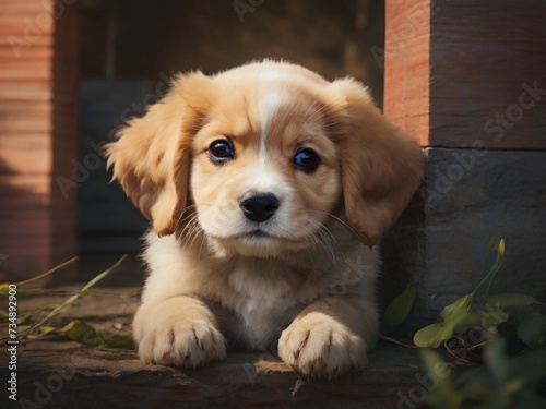 Cute Golden Retriever puppy sitting on the ground in the park, world puppy day photo