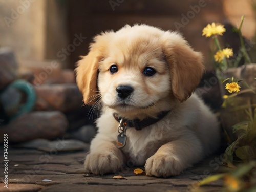 Cute Golden Retriever puppy sitting on the ground in the park, world puppy day