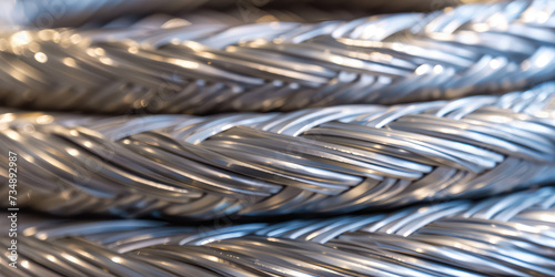 Metallic Sheen: Aluminum Cable Close-Up. Macro shot of coiled aluminum cables with a sleek metallic finish, evoking industrial elegance.