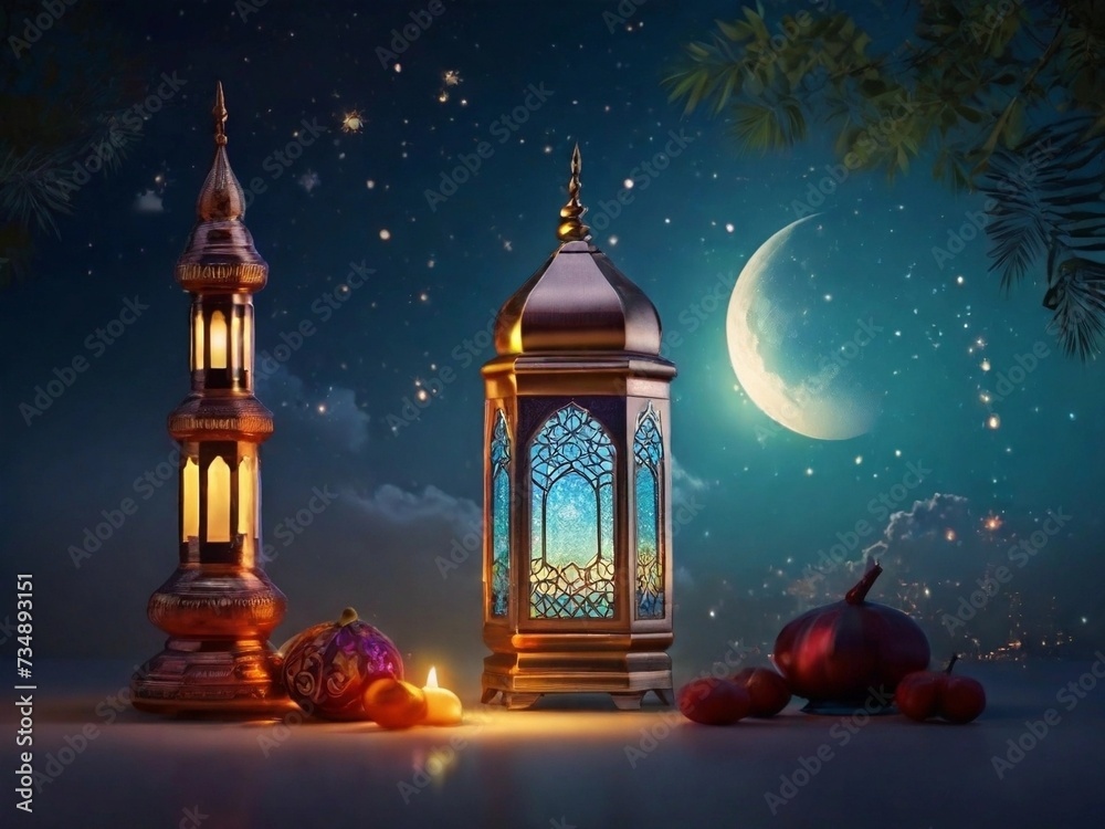 Ramadan Kareem greeting card. Arabic lanterns and crescent moon over the night sky Ramadan Kareem greeting card. Arabic lanterns and crescent moon over the night sky