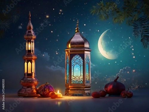 Ramadan Kareem greeting card. Arabic lanterns and crescent moon over the night sky