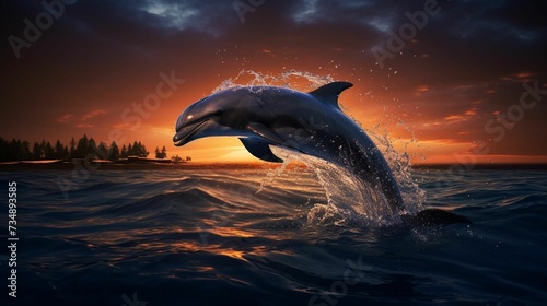 AI generated illustration of a Bottlenose dolphin leaping out of the ocean © Wirestock