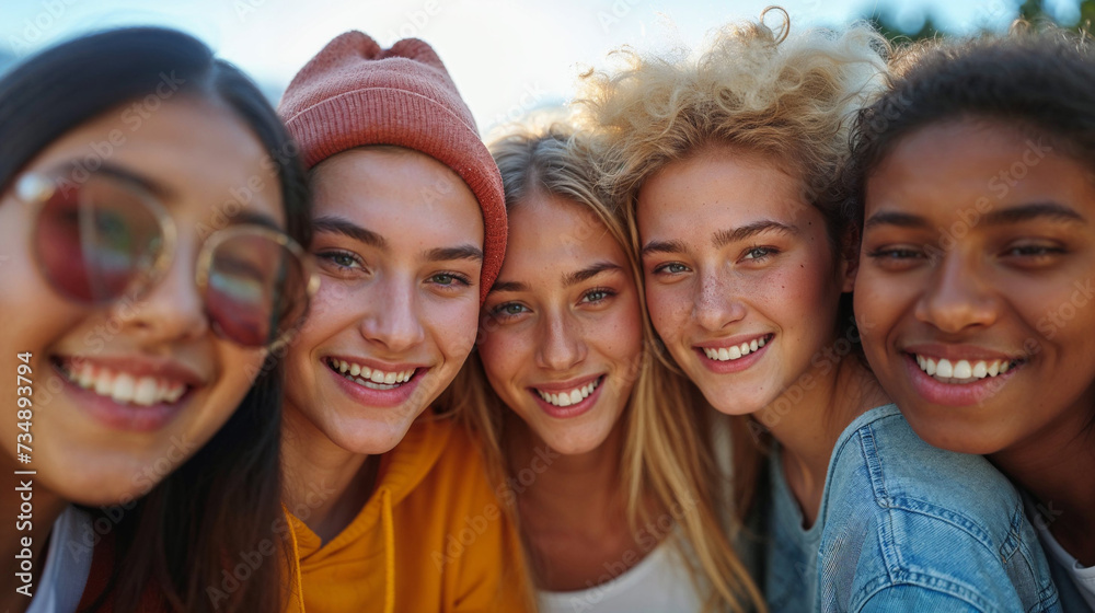 A joyful group of diverse teenagers with bright smiles taking a selfie together outdoors. A joyful group of diverse teenagers with bright smiles taking a selfie together outdoors.