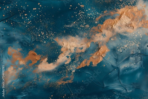 Abstract Artistic Background with Copper and Navy Blue Paint Splashes