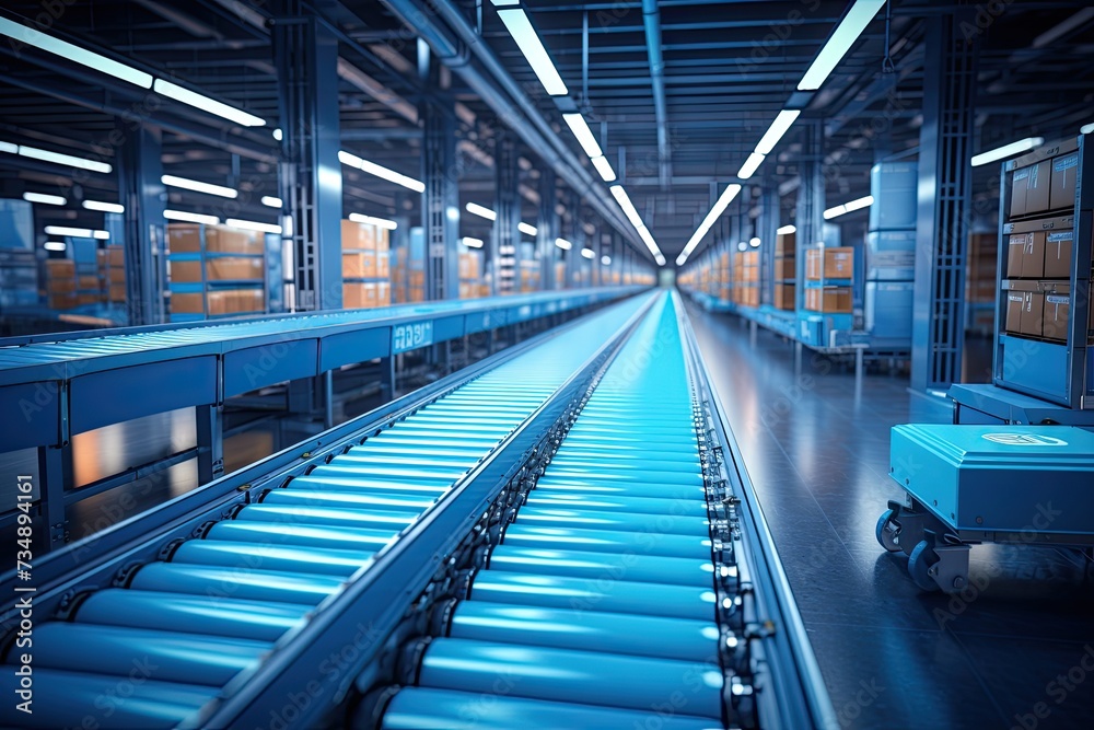 Open modern logistics warehouse conveyor belt transportation box, ai technology concept