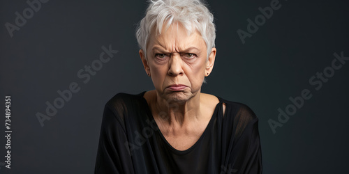 Senior Woman's Displeased Portrait on simple background with copy space. Close-up of a senior woman with gray hair looking angry and skeptical.