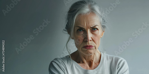 Senior Woman\'s Displeased Portrait on simple background with copy space. Close-up of a senior woman with gray hair looking angry and skeptical.