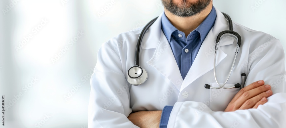 Experienced doctor with stethoscope in hospital on white blurred background with copy space Experienced doctor with stethoscope in hospital on white blurred background with copy space