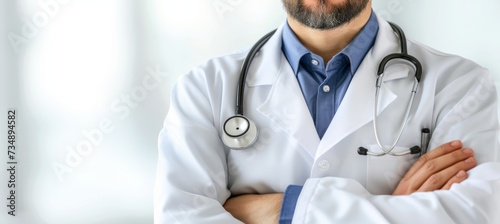 Experienced doctor with stethoscope in hospital on white blurred background with copy space photo