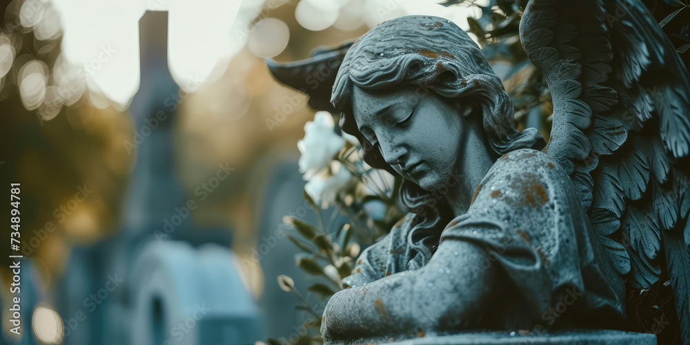 Solace in Stone: Sad Angel Statue in Cemetery. Weathered old angel statue, tranquil silence of a cemetery, copy space. - obrazy, fototapety, plakaty 