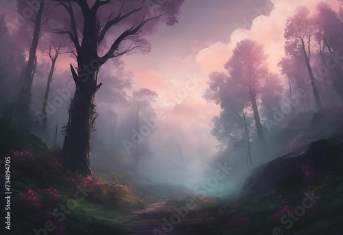 AI generated illustration of an atmospheric landscape of a dark and foggy forest photo