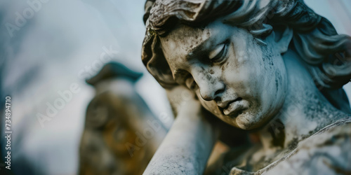 Solace in Stone: Sad Angel Statue in Cemetery. Weathered old angel statue, tranquil silence of a cemetery, copy space.