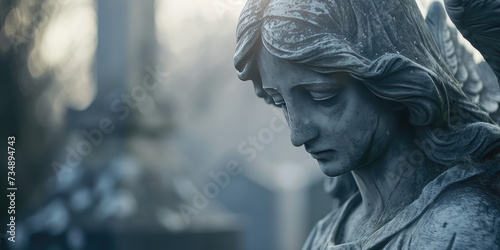 Solace in Stone: Sad Angel Statue in Cemetery. Weathered old angel statue, tranquil silence of a cemetery, copy space.