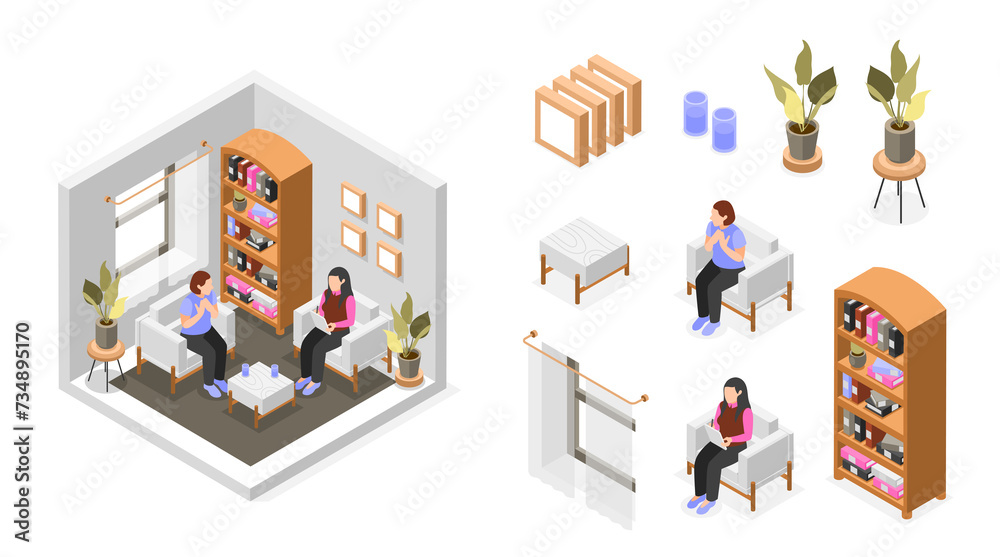 Mental health icons with illustration in isometric view Mental health icons with illustration in isometric view