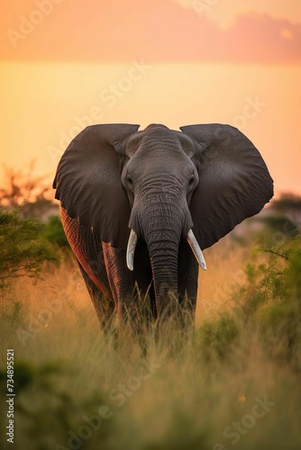 AI generated illustration of a majestic elephant walking through a sunlit grassy field