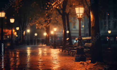 Romantic street at night with street lamps in late autumn, vintage style, generated by ai
