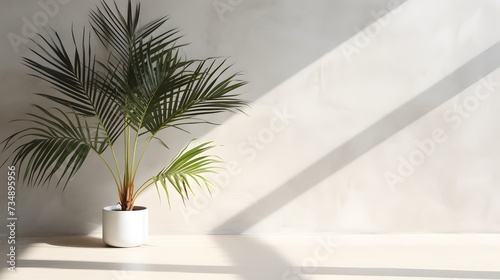 Modern summer minimal of tropical plam leaf tree branch in sunlight with long shadows on concrete plain wall background, copy space interior lifestyle Mediterranean backdrop scene,ai generate