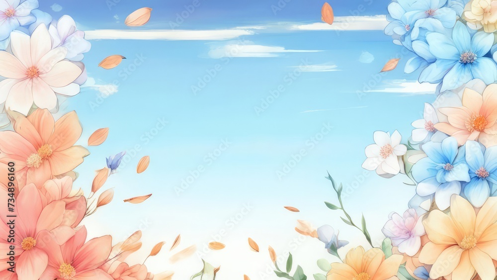 An illustration of a blue sky with a frame of spring flowers.