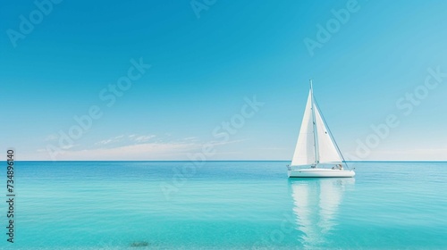 An AI illustration of a white sail boat floating in the ocean next to a shore photo
