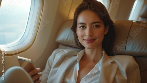 A businesswoman sitting in business first class seat © akarawit
