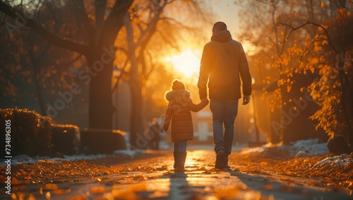 Back view of a man walks hand in hand with his daughter home in the evening