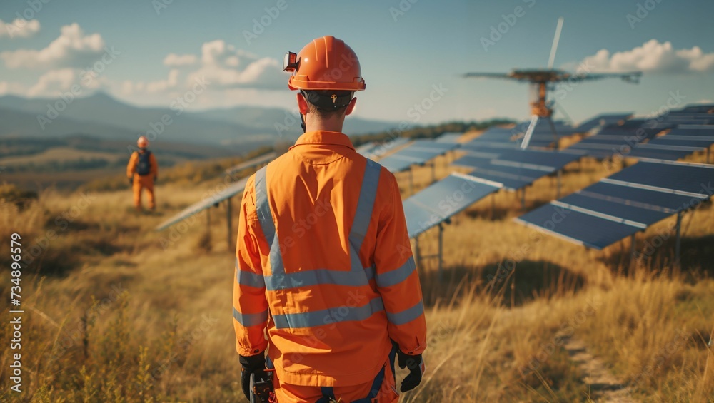 Professional engineer standing in field with solar panels Professional engineer standing in field with solar panels