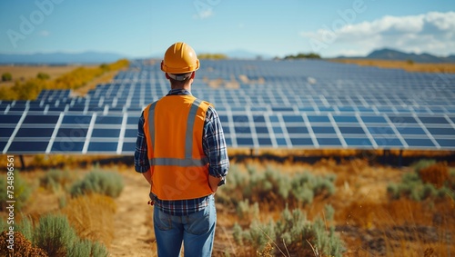 Professional engineer standing in field with solar panels