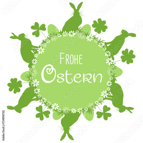Blumenwiese Frühling rund, Kreis, abstrakt mit Osterhasen, Ostereier, Klee und weißen Blumen Silhouette, mit deutschem Text Frohe Ostern, symbolisch Erde, Weltkugel