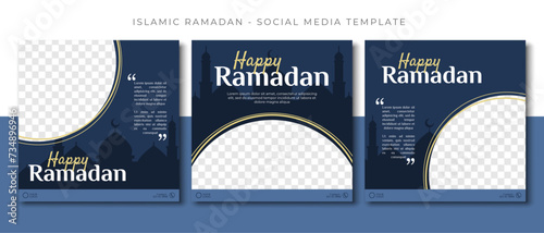 happy ramadan islamic sale, blue social media post template design, event promotion vector banner
