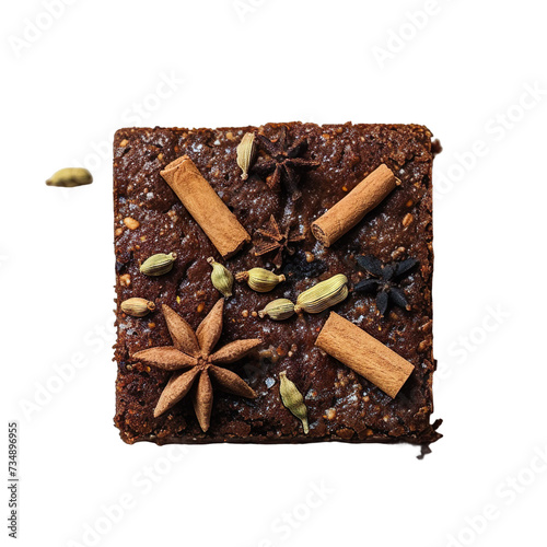  top view of a chai spiced brownie, placed on the white floor in food photography style isolated on a white background