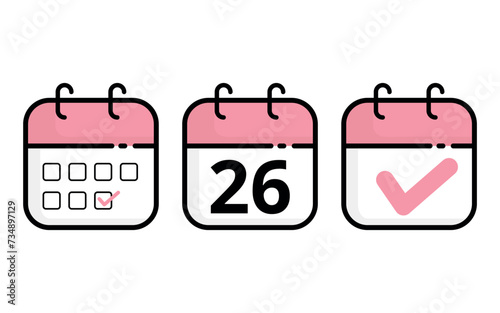 Calendar icons of different models in pink color, Vector illustration of flat calendar icon with specific day marked, day 26.