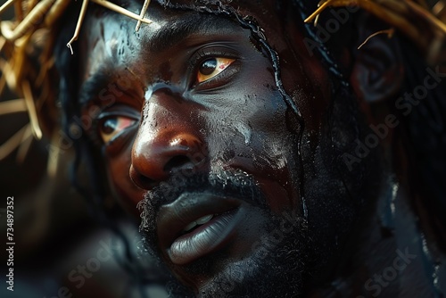 Delve into the depths of compassion with a detailed close-up portrait of a Black Jesus Christ  featuring a photorealistic essence  a thorn crown pressing upon His brow  and a gaze filled