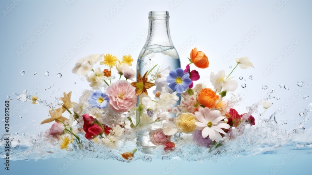 a bottle with flowers on a white surface a bottle with flowers on a white surface