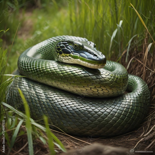 a snake sitting on top of some grass and bushess photo