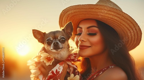 An AI illustration of a woman wearing a straw hat and holding a dog on her shoulders photo