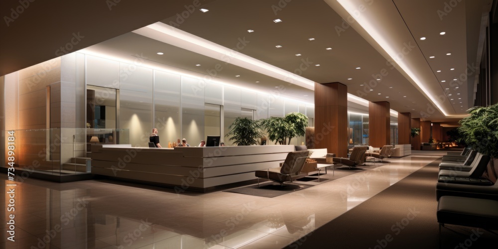 Modern hotel lobby interior with reception desk.